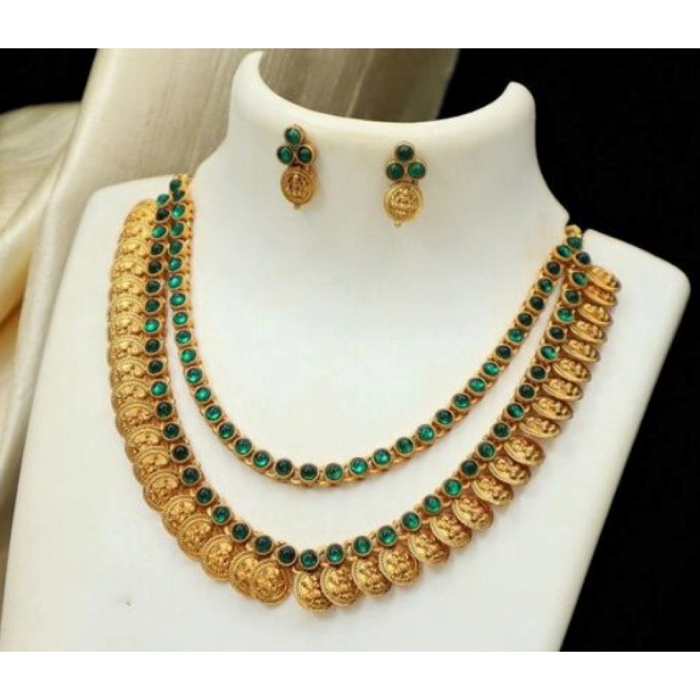 Fashion Women's Ethnic Double Line Laxmi Coin Jewellery Set (Green, Free Size)