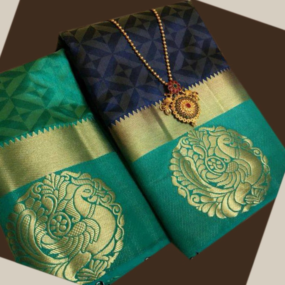 Amfyn Women's Kanjivaram Silk Saree With Unstitched Blouse Piece (Blue, 5-6 Mtrs)