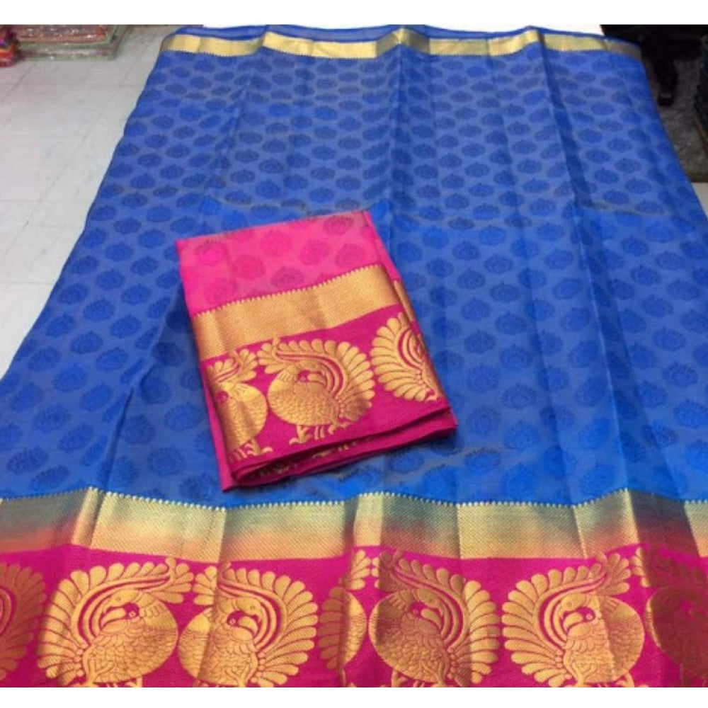 Amfyn Women's Kanjivaram Silk Saree With Unstitched Blouse Piece (Blue, 5-6 Mtrs)