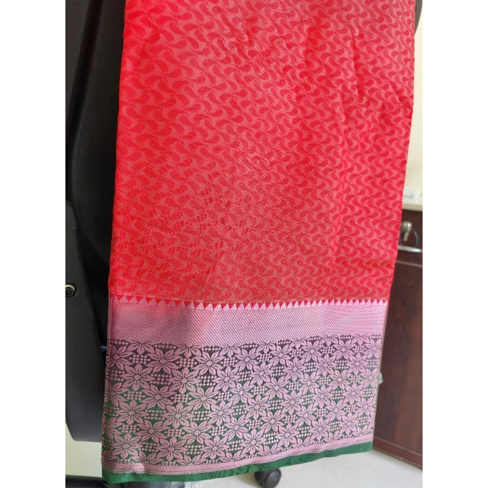 Amfyn Women's Kanjivaram Silk Saree With Unstitched Blouse Piece (Peach, 5-6 Mtrs)
