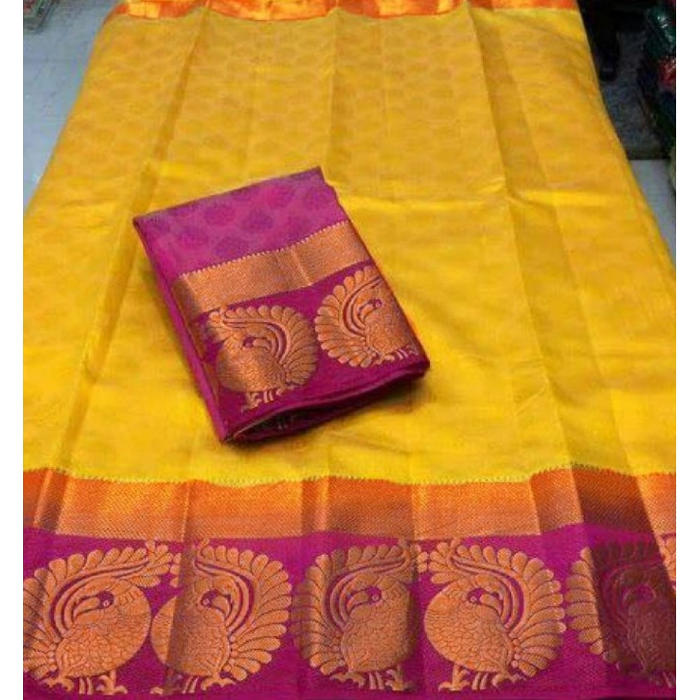 Amfyn Women's Kanjivaram Silk Saree With Unstitched Blouse Piece (Yellow, 5-6 Mtrs)