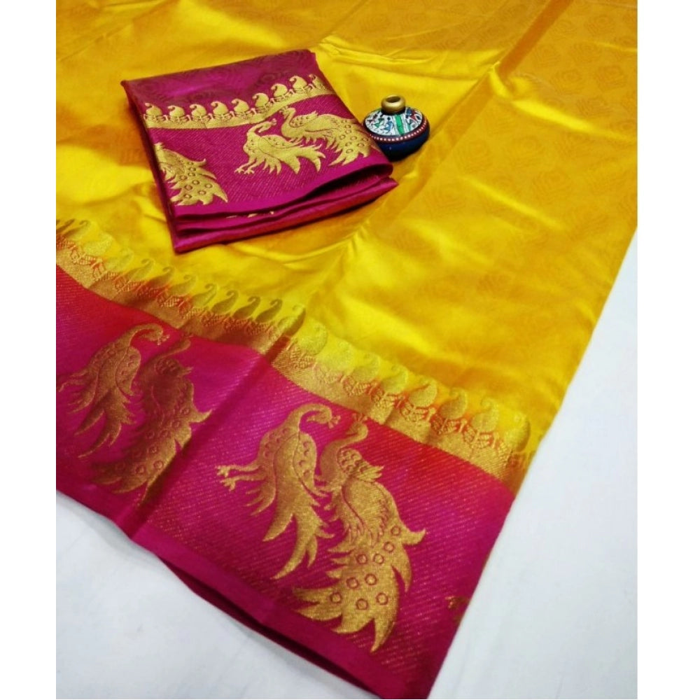 Amfyn Women's Kanjivaram Silk Saree With Unstitched Blouse Piece (Yellow, 5-6 Mtrs)