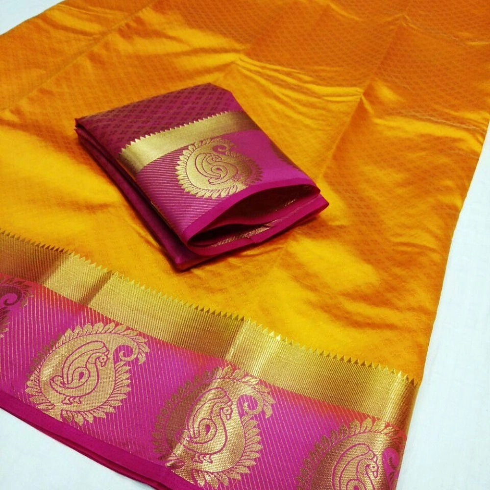 Amfyn Women's Kanjivaram Silk Saree With Unstitched Blouse Piece (Yellow, 5-6 Mtrs)