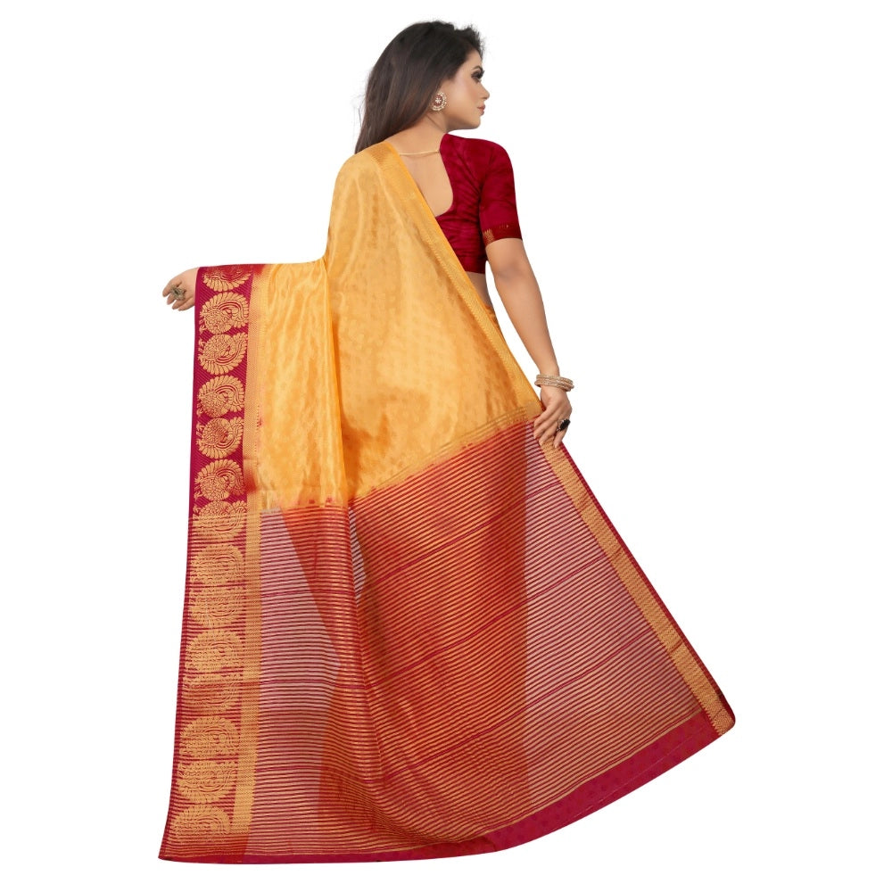 Amfyn Women's Kanjivaram Silk Saree With Unstitched Blouse Piece (Yellow, 5-6 Mtrs)