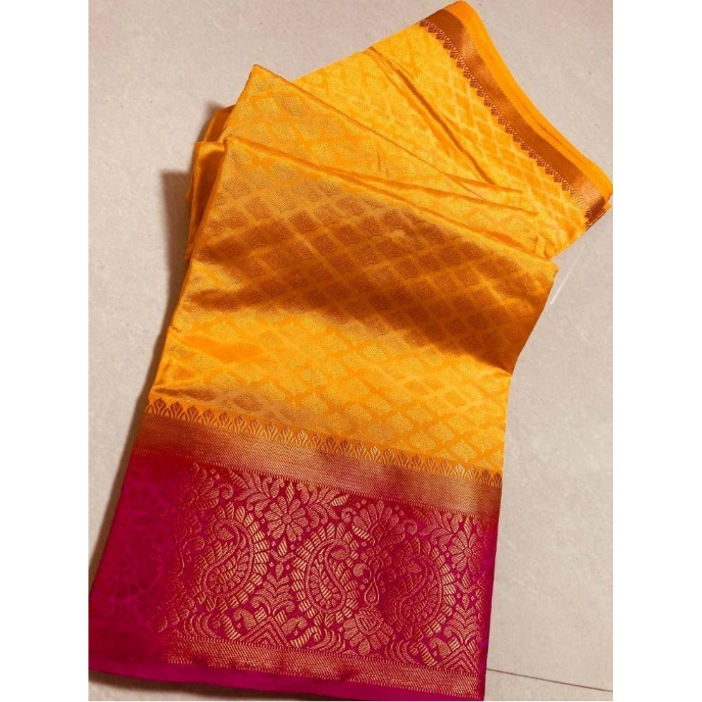 Amfyn Women's Kanjivaram Silk Saree With Unstitched Blouse Piece (Yellow, 5-6 Mtrs)