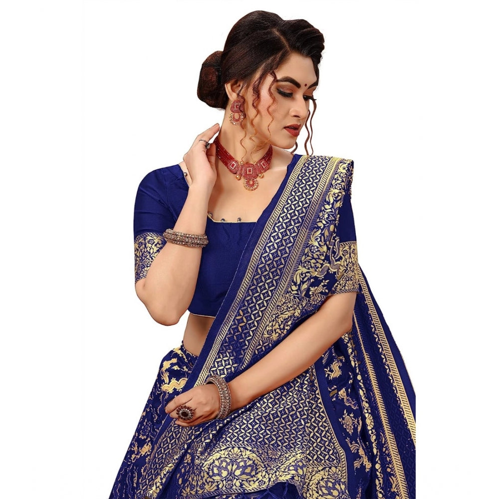 Amfyn Women's Damask Pattern Jacquard Woven Banarasi Art Silk Saree With Unstitched Blouse Piece (Blue, 5-6mtrs)