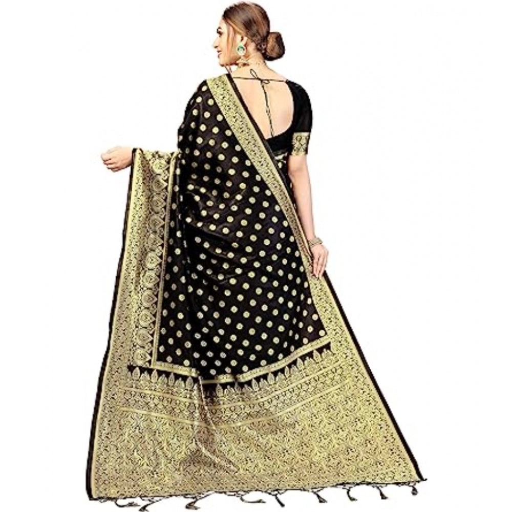 Amfyn Women's Floral Pattern Jacquard Woven Banarasi Art Silk Saree With Unstitched Blouse Piece (Black, 5-6mtrs)