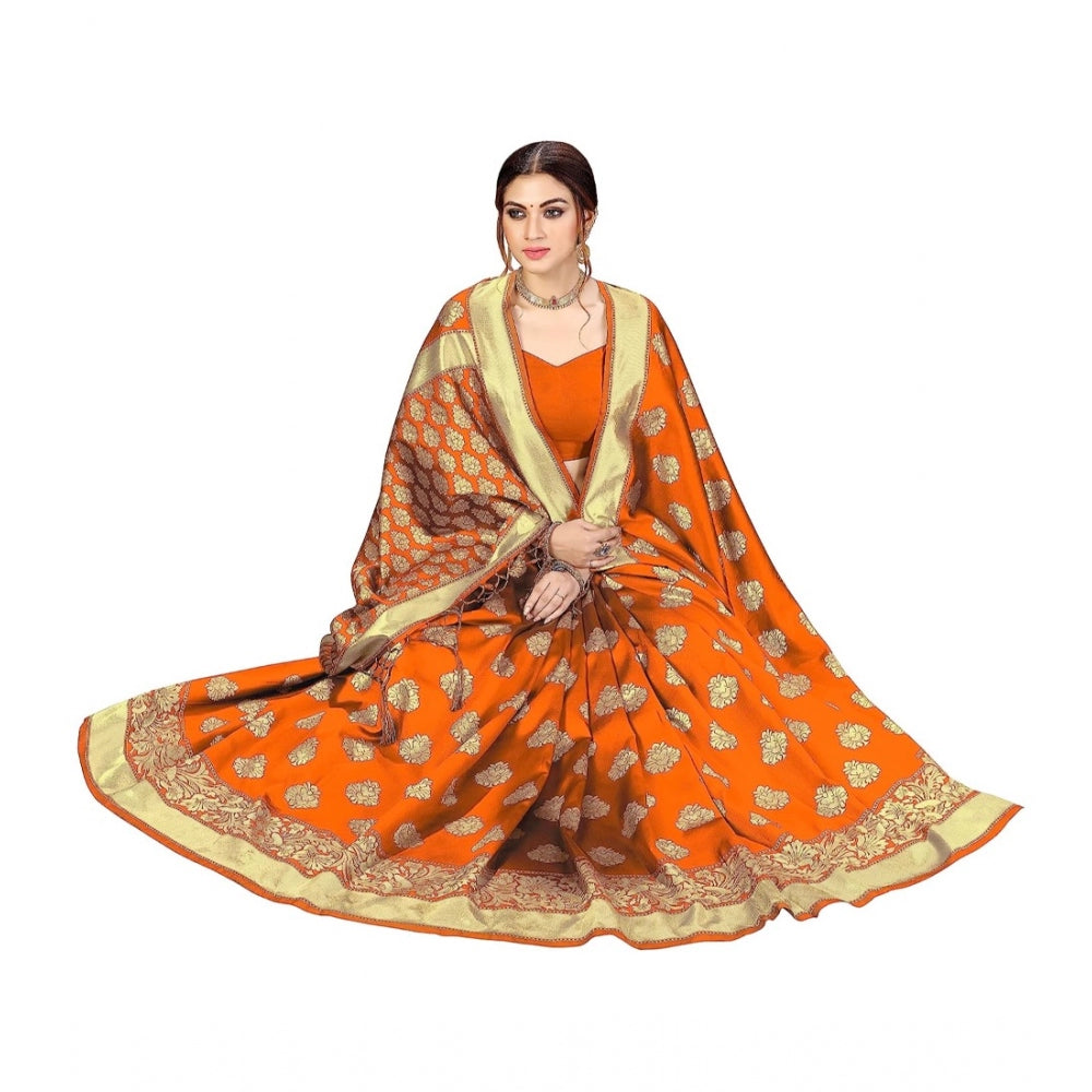 Amfyn Women's Kanjivaram Style Floral design Jacquard Zari Woven Banarasi Art Silk Saree With Unstitched Blouse Piece (Orange, 5-6mtrs)