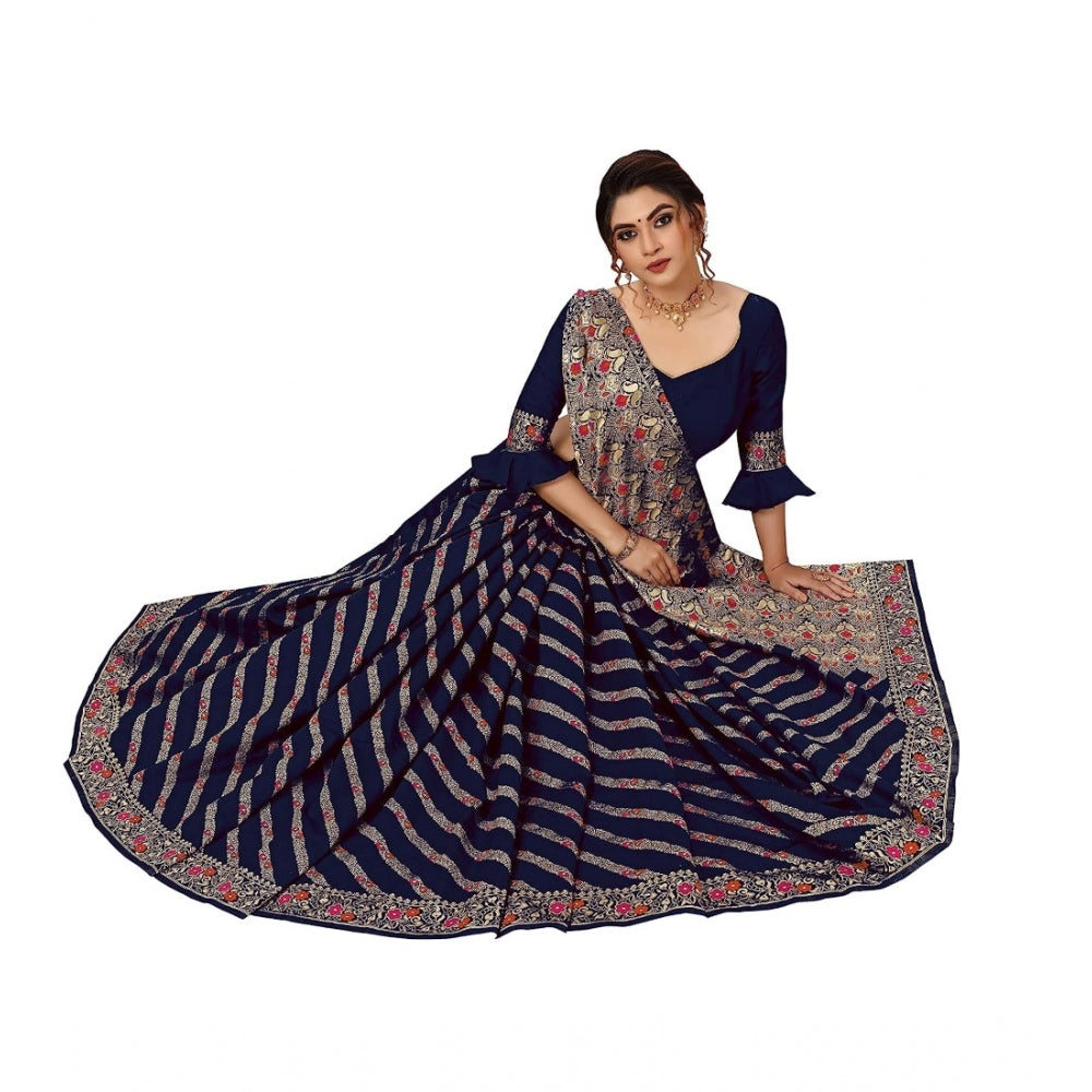 Amfyn Women's Floral Striped Pattern Jacquard Woven Banarasi Art Silk Saree With Unstitched Blouse Piece (Blue, 5-6mtrs)