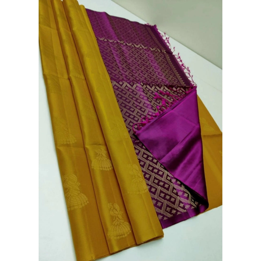 Amfyn Women's Borderless Kanjivaram Silk Sarees With Unstitched Blouse (Mustard Yellow)