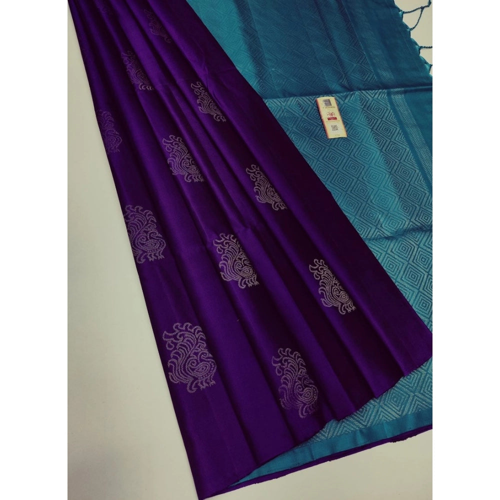 Amfyn Women's Borderless Kanjivaram Silk Sarees With Unstitched Blouse (Purple)