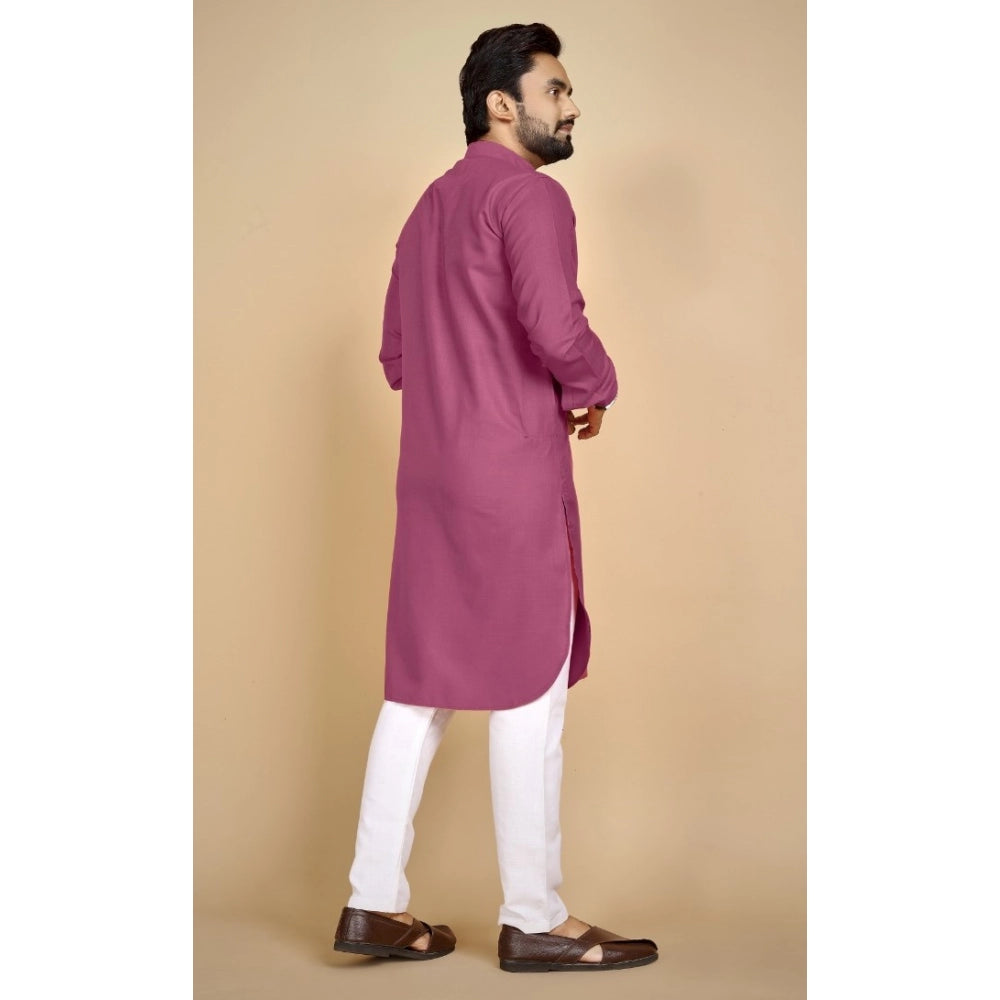 Amfyn Men's Cotton Blend Solid Full Sleeve Knee Length Kurta (Pink)