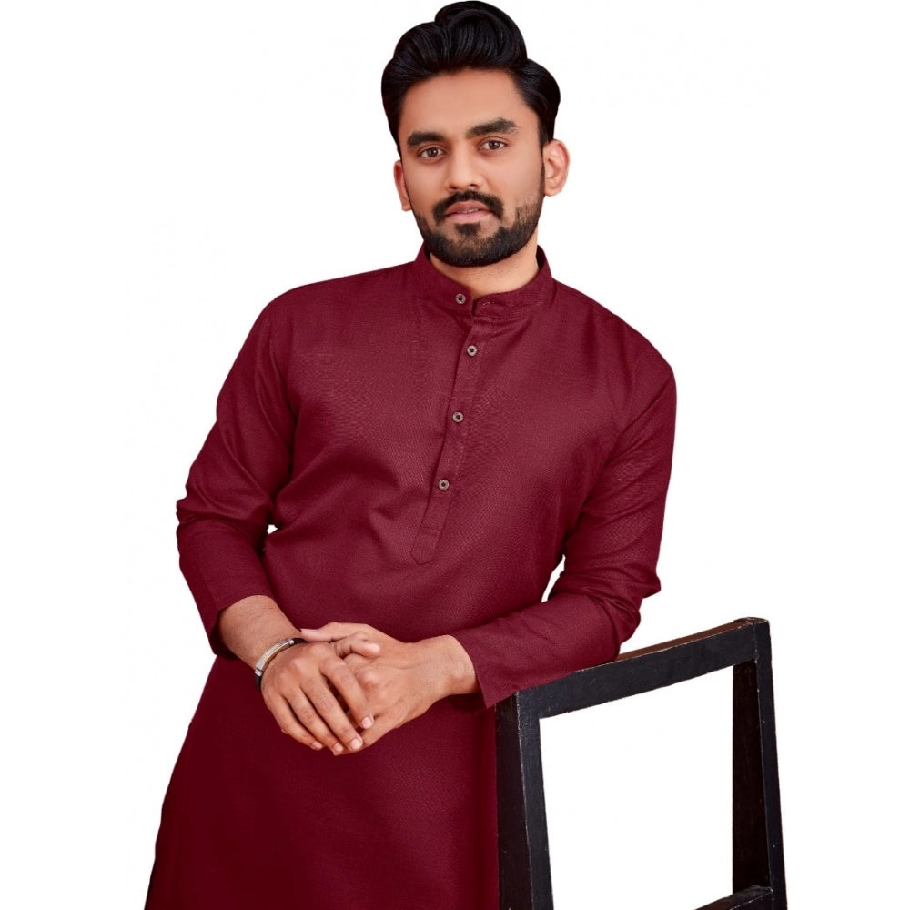 Amfyn Men's Cotton Blend Solid Full Sleeve Knee Length Kurta (Maroon)