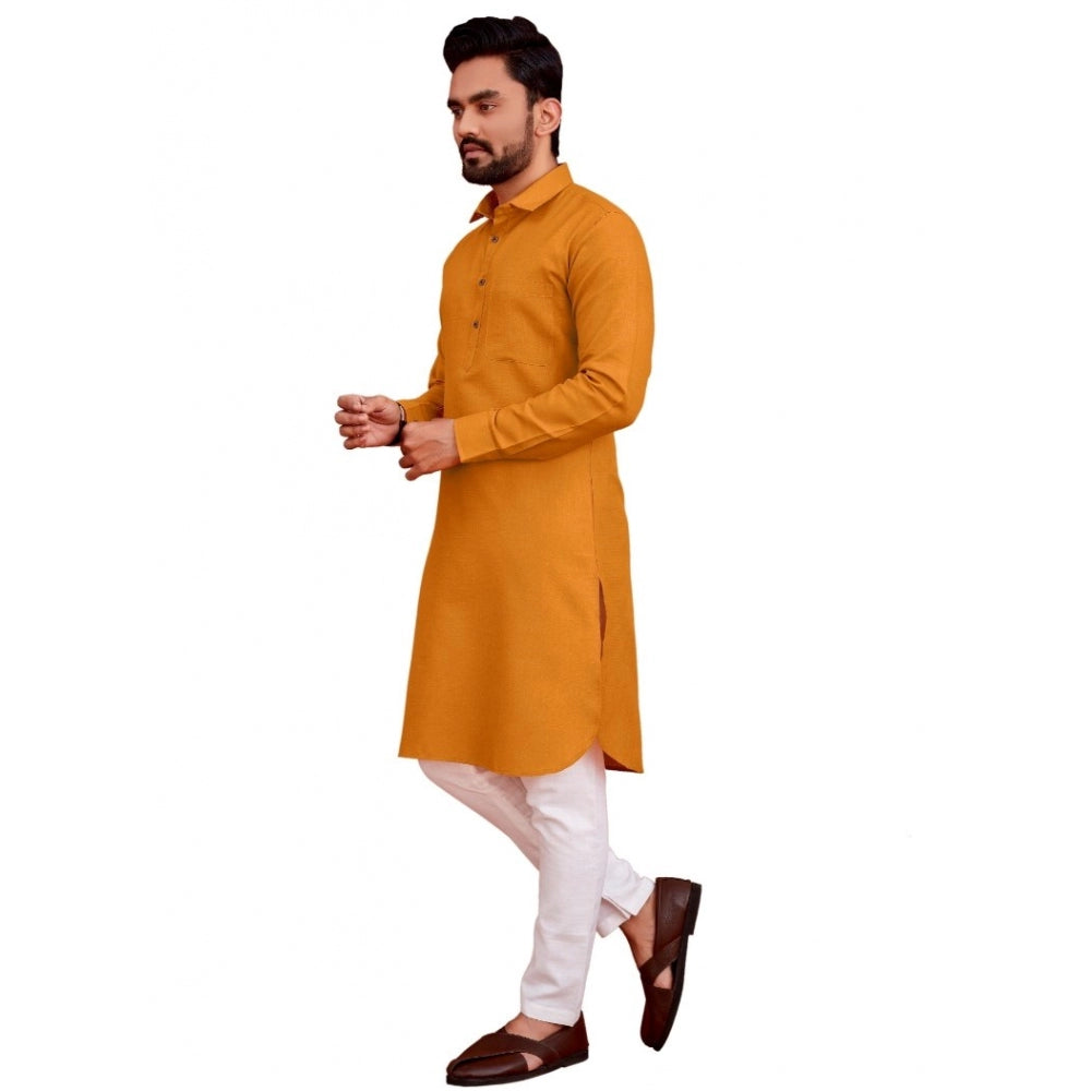 Amfyn Men's Cotton Blend Solid Full Sleeve Knee Length Kurta (Yellow)