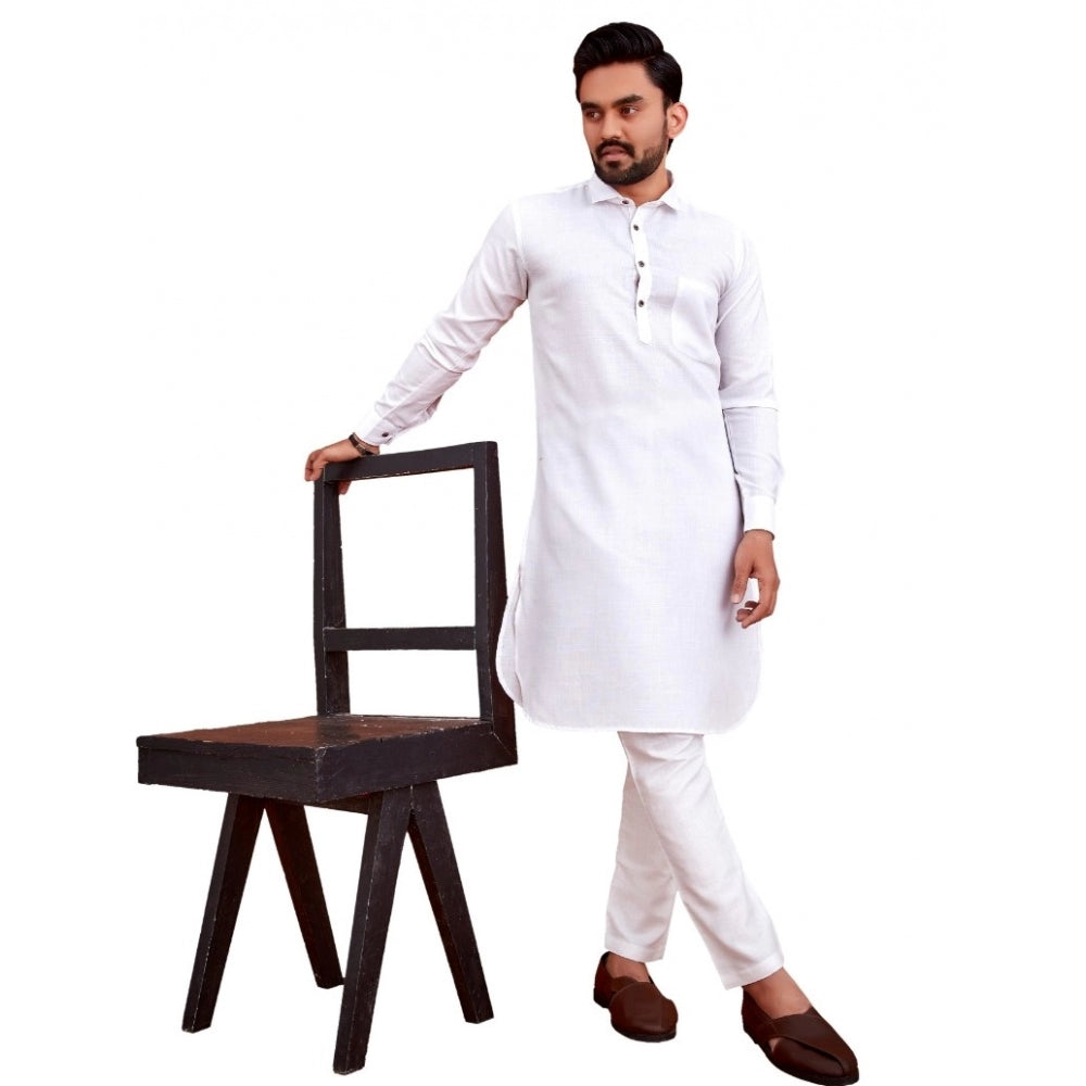 Amfyn Men's Cotton Blend Solid Full Sleeve Knee Length Kurta (White)