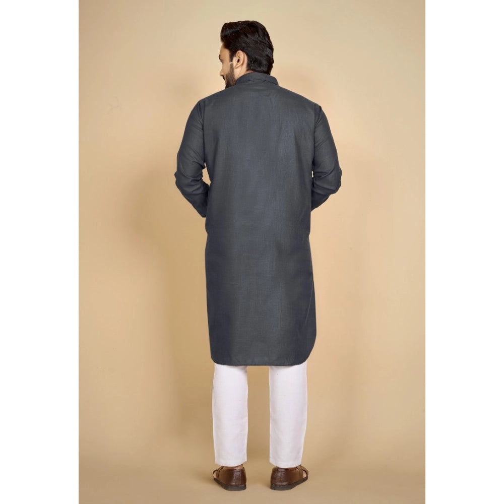 Amfyn Men's Cotton Blend Solid Full Sleeve Knee Length Kurta (Black)