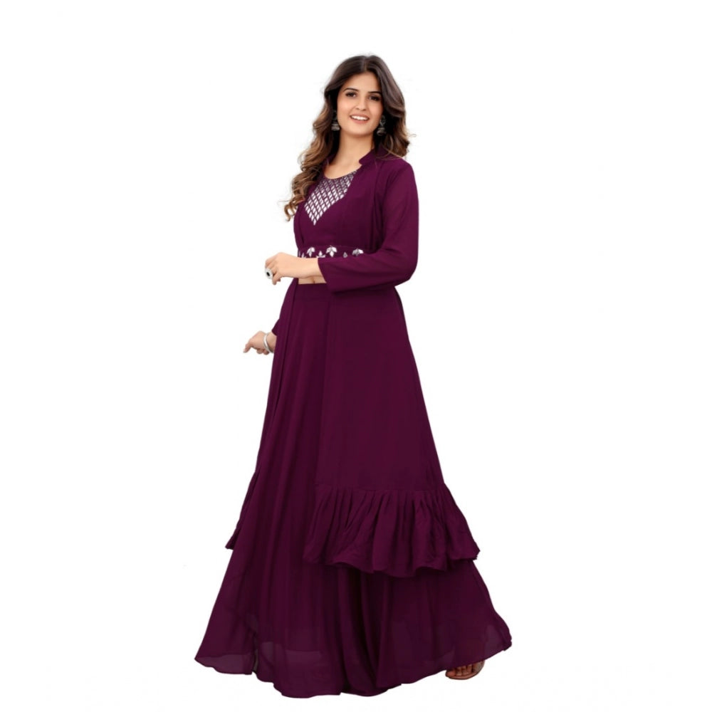 Amfyn Women's Embroidery Gotapatti Work Georget Long Gown (Wine)