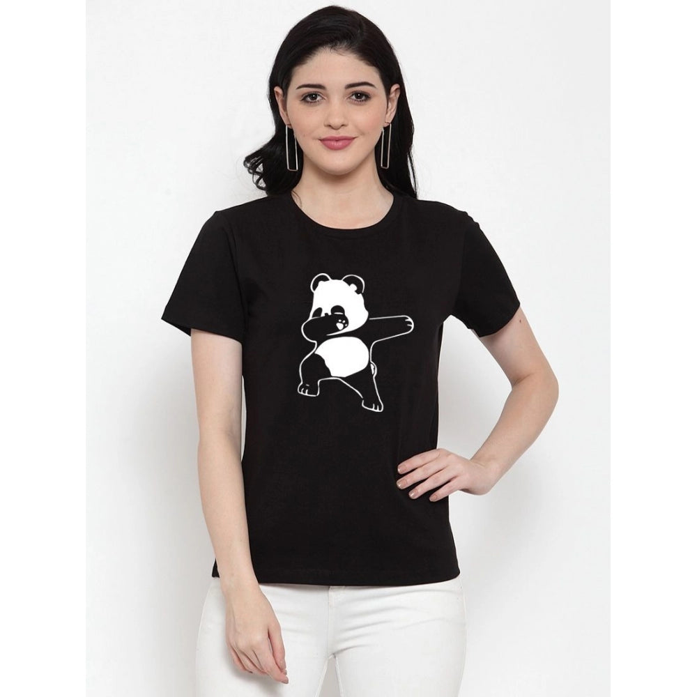 Amfyn Women's Cotton Blend Dancing Panda Printed T-Shirt (Black)