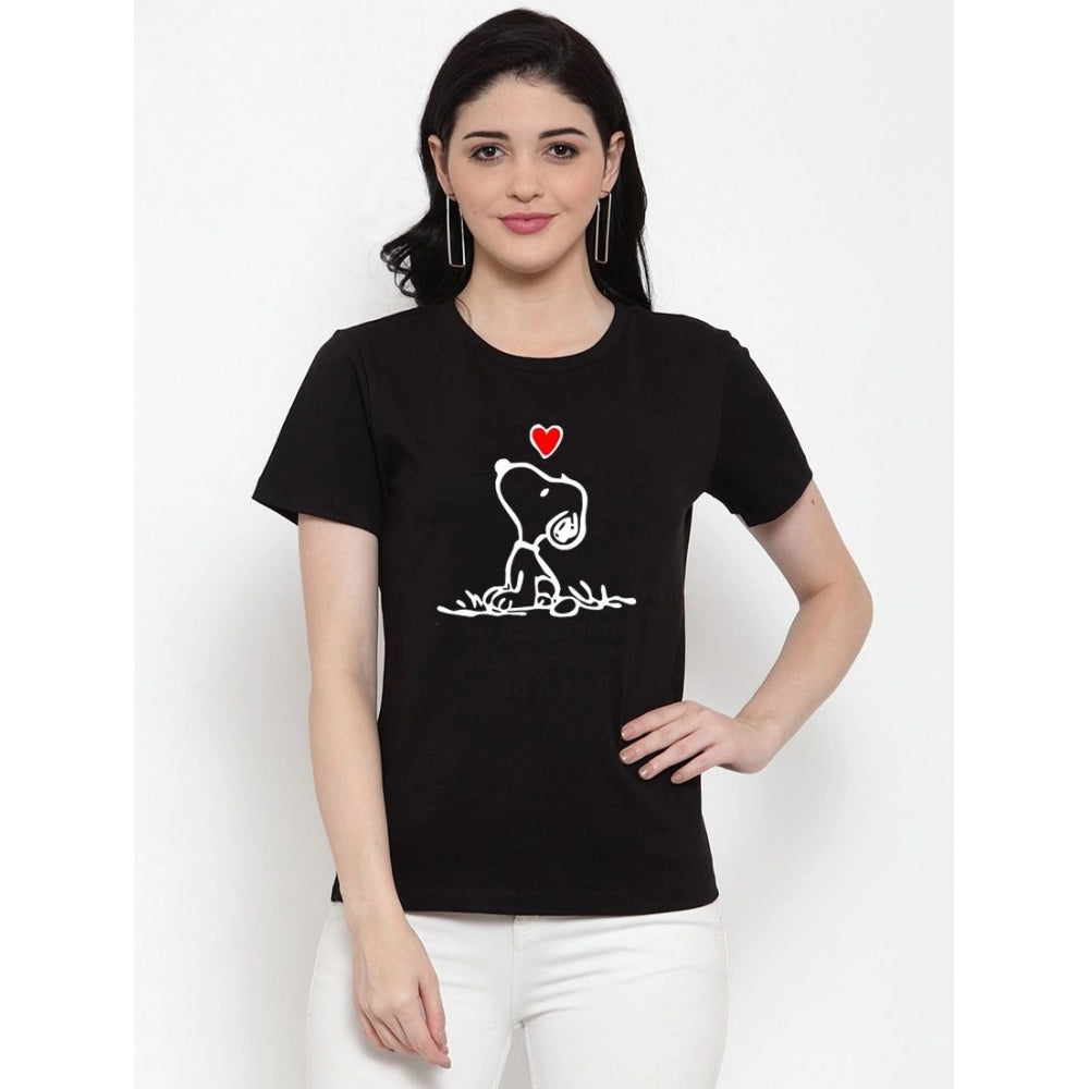 Amfyn Women's Cotton Blend Snoopy Peanuts Inspired Cartoon Printed T-Shirt (Black)