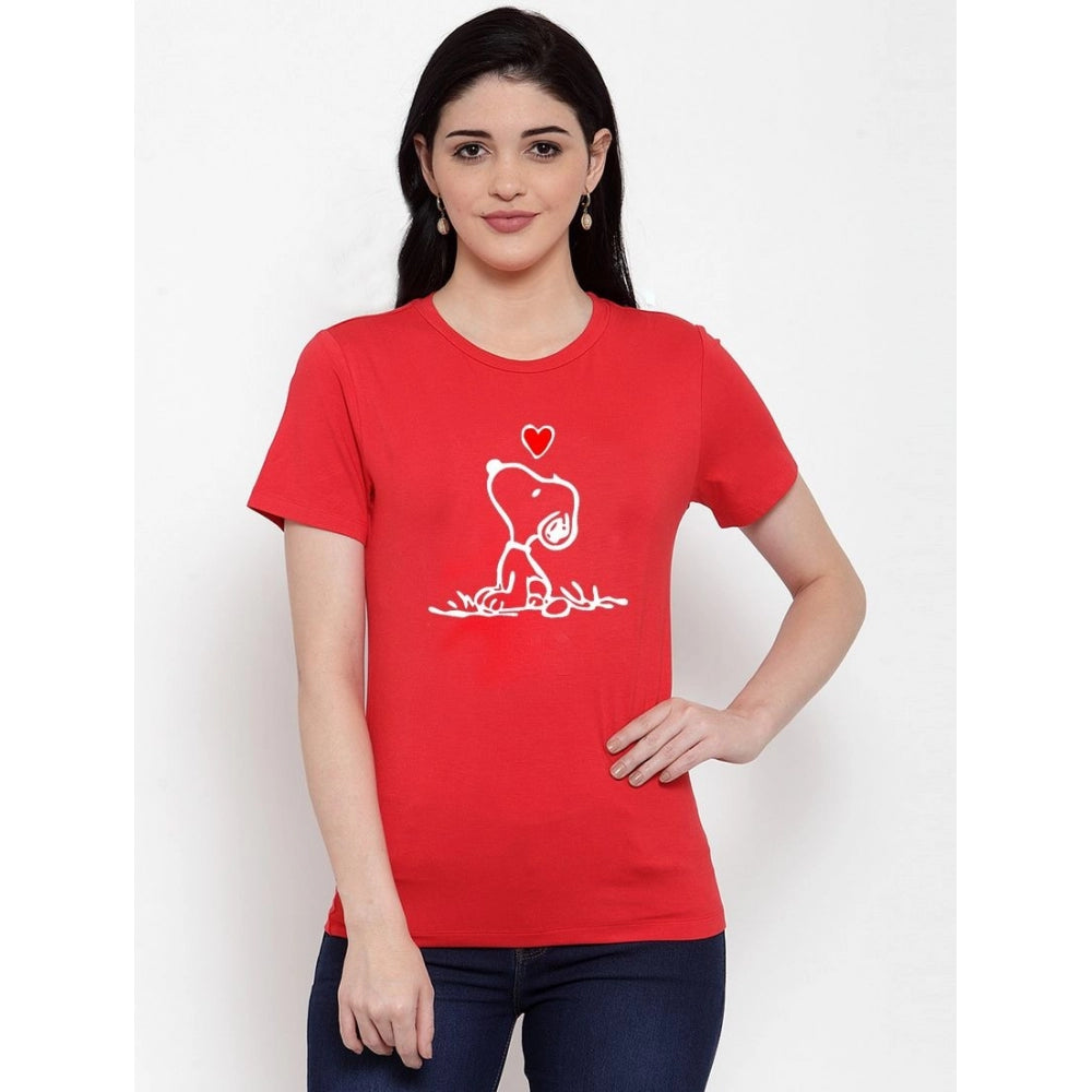 Amfyn Women's Cotton Blend Snoopy Peanuts Inspired Cartoon Printed T-Shirt (Red)