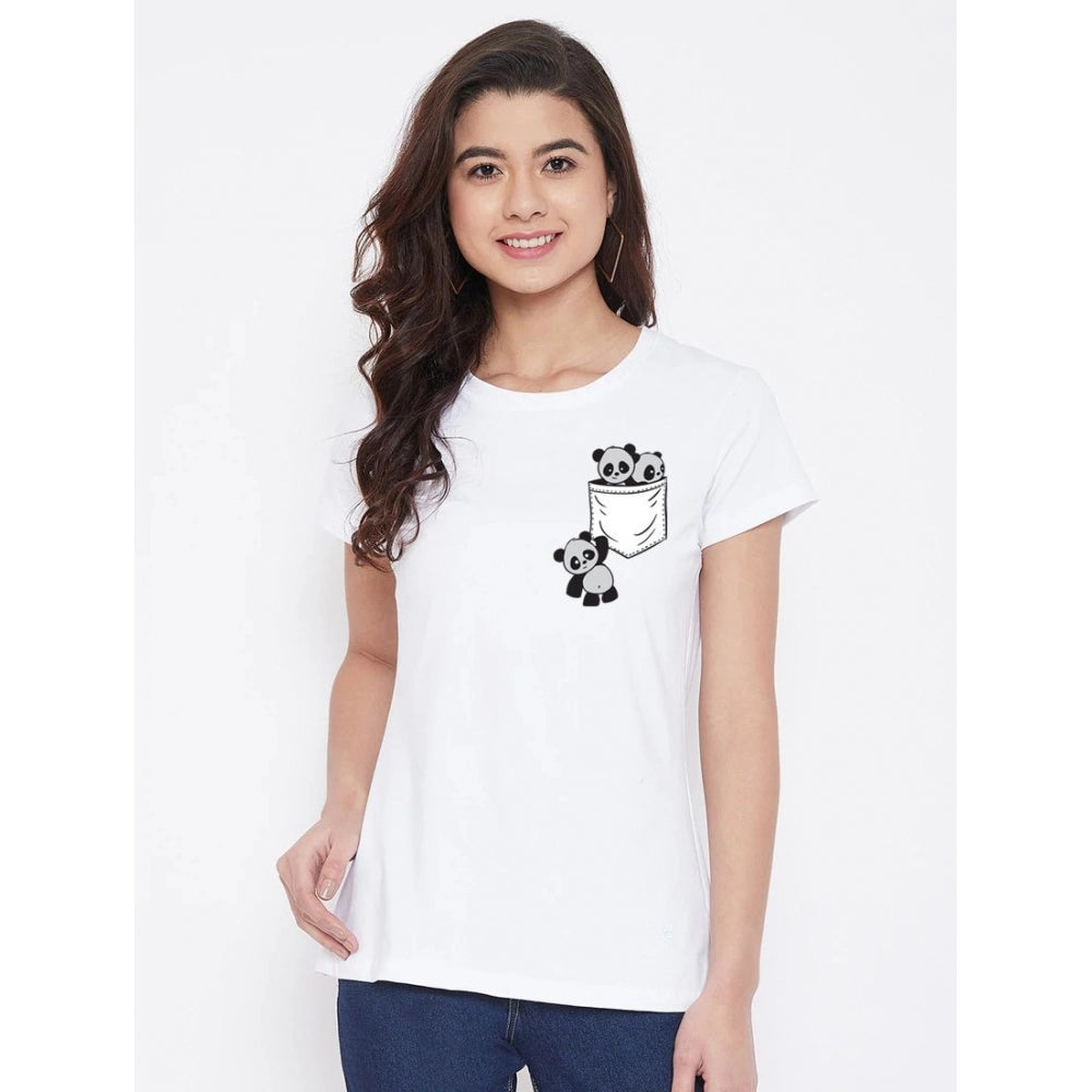 Amfyn Women's Cotton Blend Pandas In My Pocket Printed T-Shirt (White)