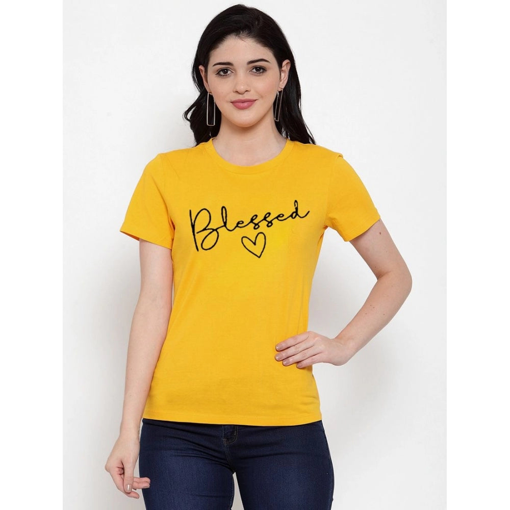 Amfyn Women's Cotton Blend Blessed Printed T-Shirt (Yellow)