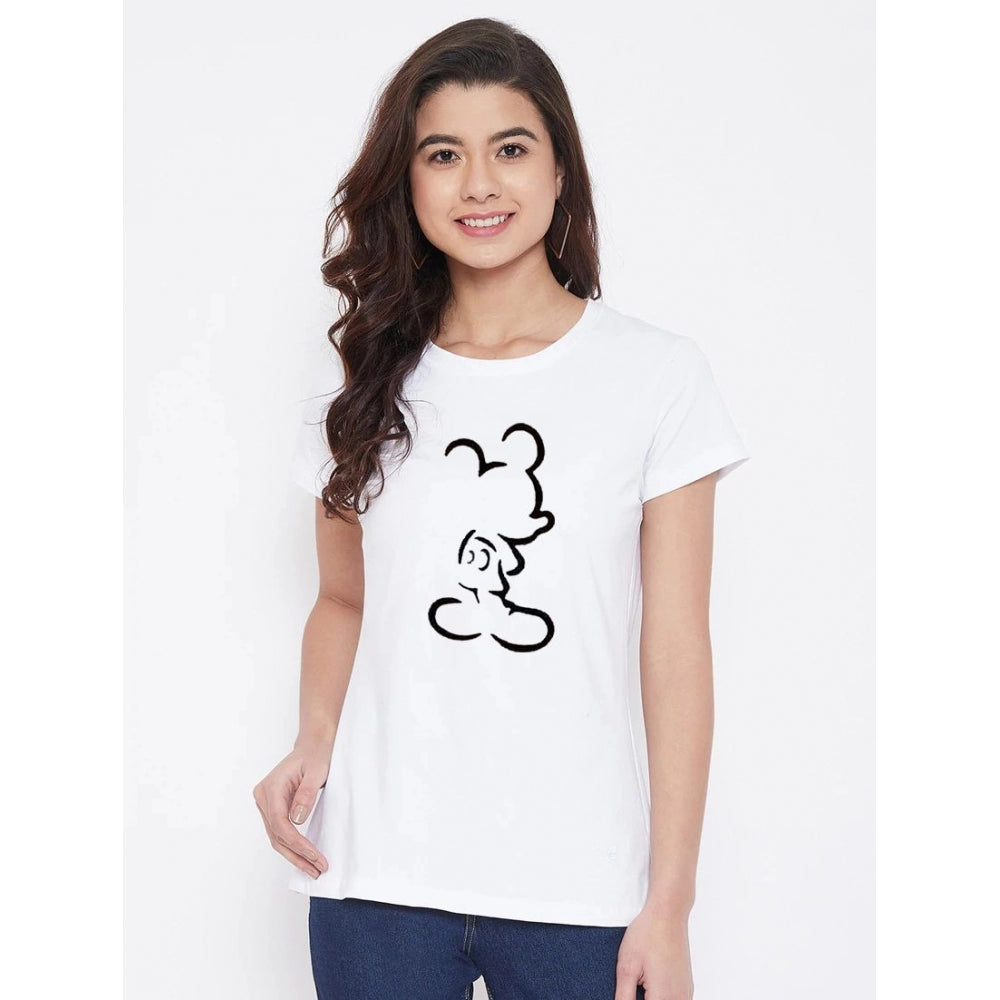 Amfyn Women's Cotton Blend Mickey Mouse Line Art Printed T-Shirt (White)