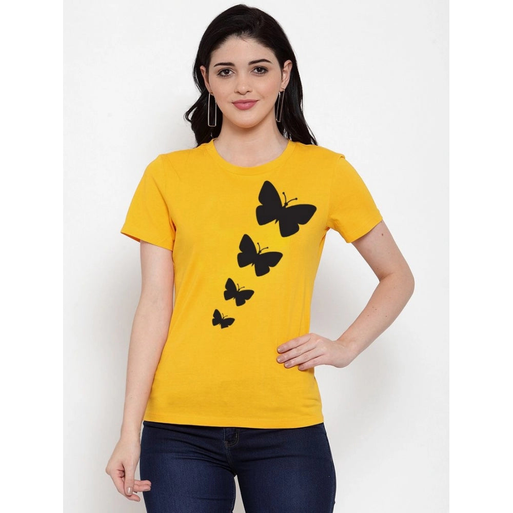 Amfyn Women's Cotton Blend Butterflies Printed T-Shirt (Yellow)