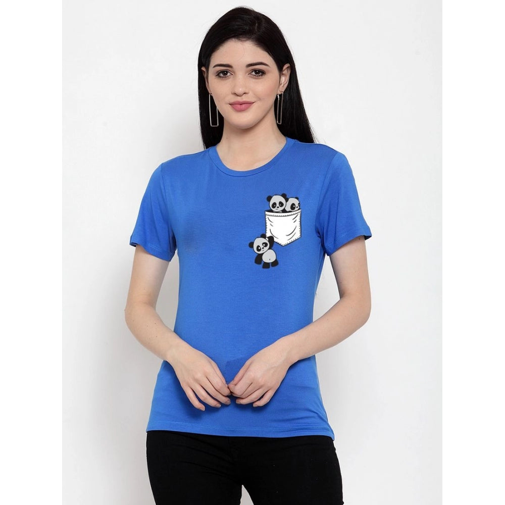 Amfyn Women's Cotton Blend Pandas In My Pocket Printed T-Shirt (Blue)