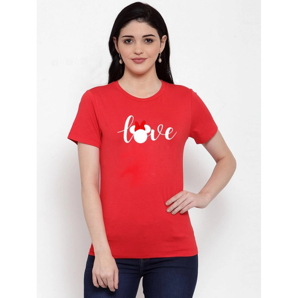 Amfyn Women's Cotton Blend Love Printed T-Shirt (Red)