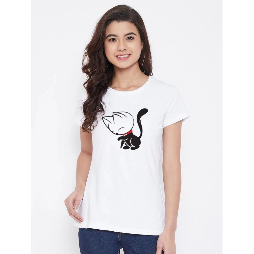 Amfyn Women's Cotton Blend Cat Printed T-Shirt (White)