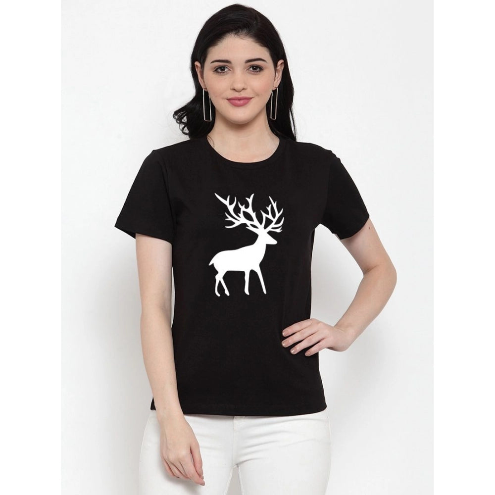 Amfyn Women's Cotton Blend Deer Printed T-Shirt (Black)