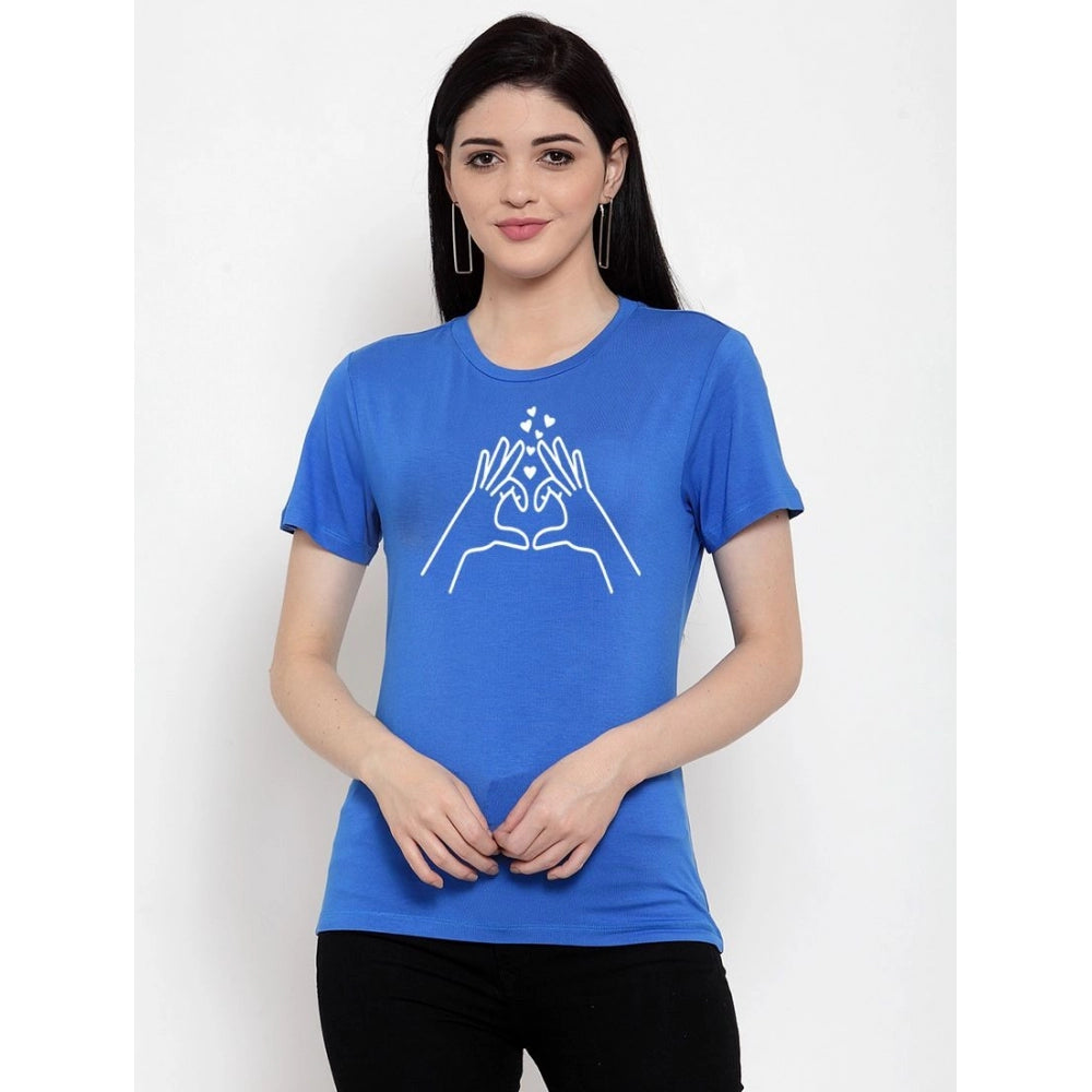 Amfyn Women's Cotton Blend Heart Hands Line Art Printed T-Shirt (Blue)