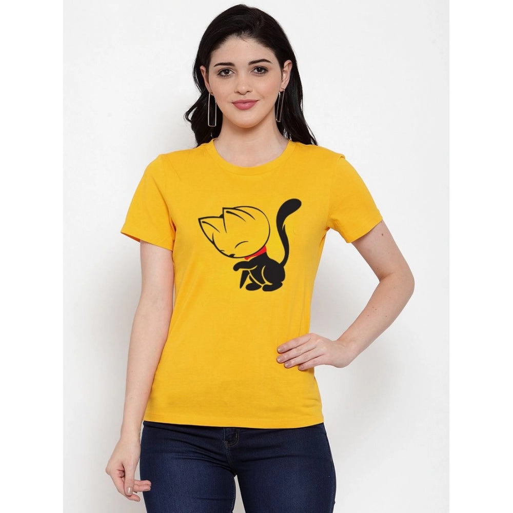 Amfyn Women's Cotton Blend Cat Printed T-Shirt (Yellow)