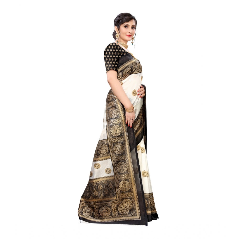 Amfyn Women's Art Silk Printed Saree With Unstitched Blouse (Black, 5-6 Mtrs)