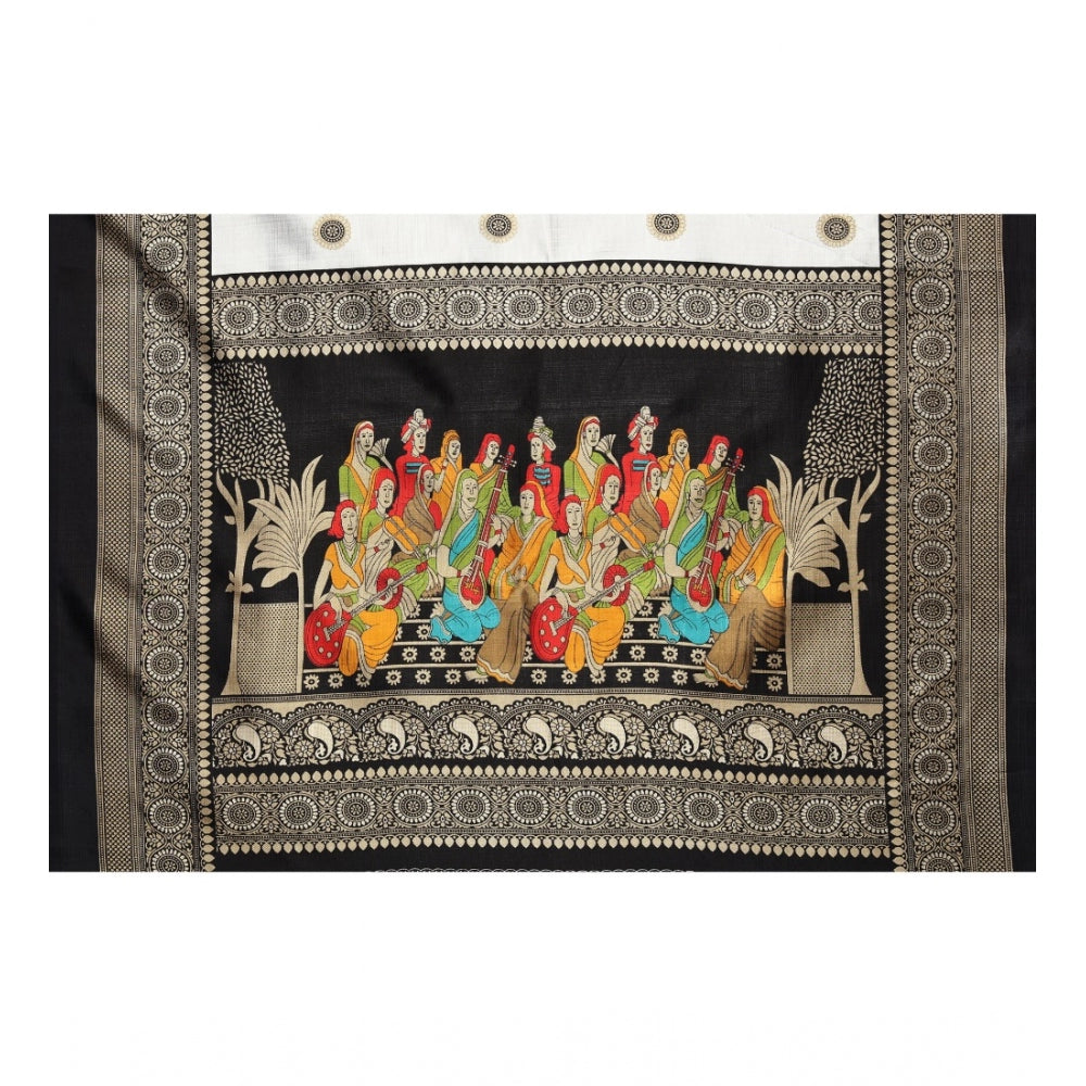 Amfyn Women's Art Silk Printed Saree With Unstitched Blouse (Black, 5-6 Mtrs)