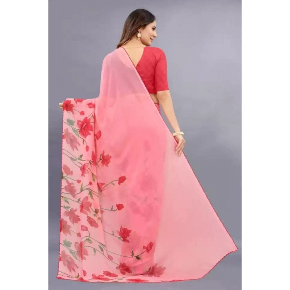 Amfyn Women's Georgette Printed Saree With Unstitched Blouse (Red)