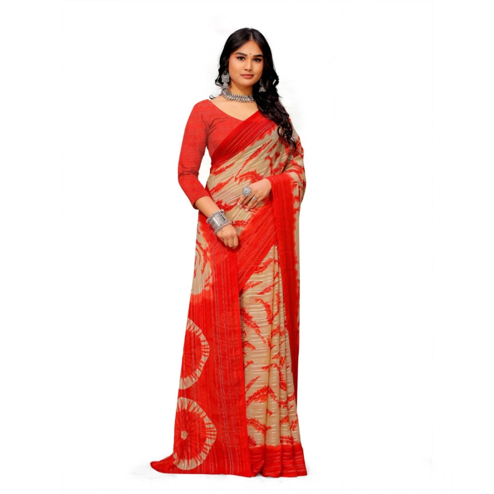 Amfyn Women's Georgette Printed Saree With Unstitched Blouse (Red)