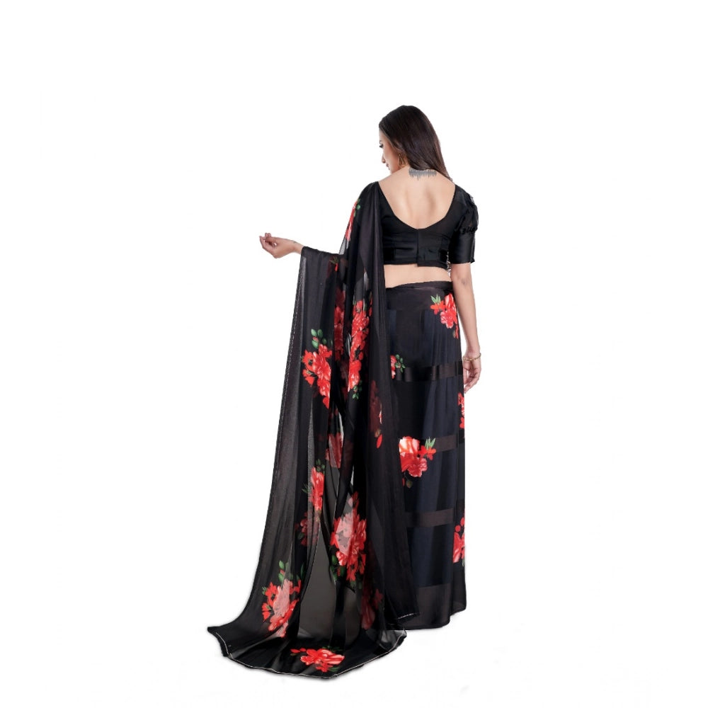 Amfyn Women's Satin Patta Printed Saree With Unstitched Blouse (Red)