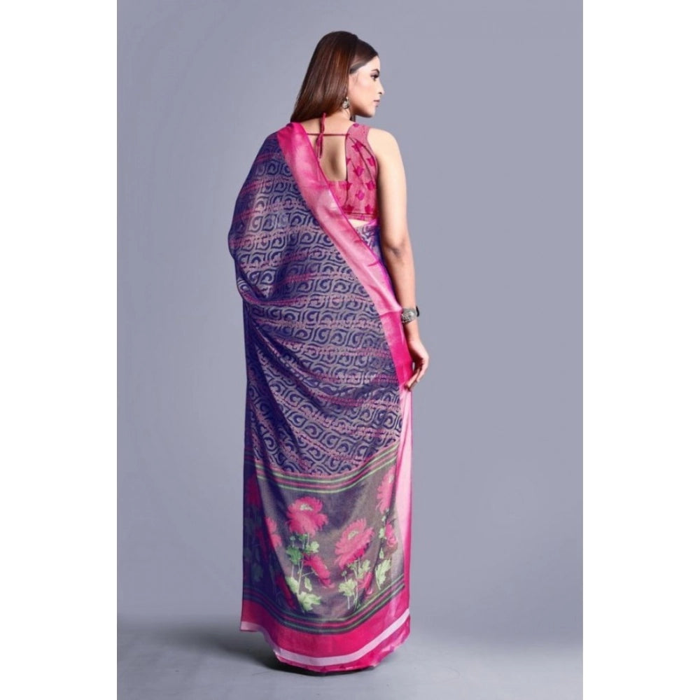 Amfyn Women's Viscose Rayon Printed Saree With Unstitched Blouse (Navy Blue)