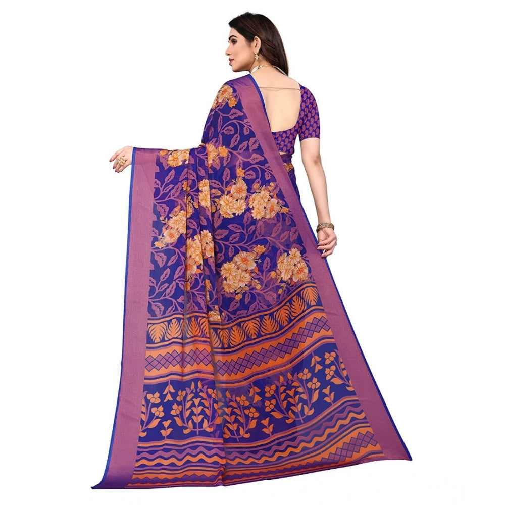 Amfyn Women's Viscose Rayon Printed Saree With Unstitched Blouse (Blue)