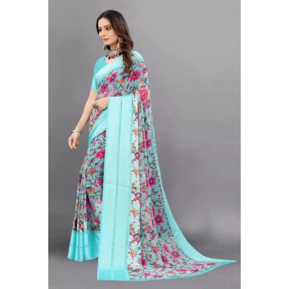 Amfyn Women's Satin Patta Printed Saree With Unstitched Blouse (Skyblue)
