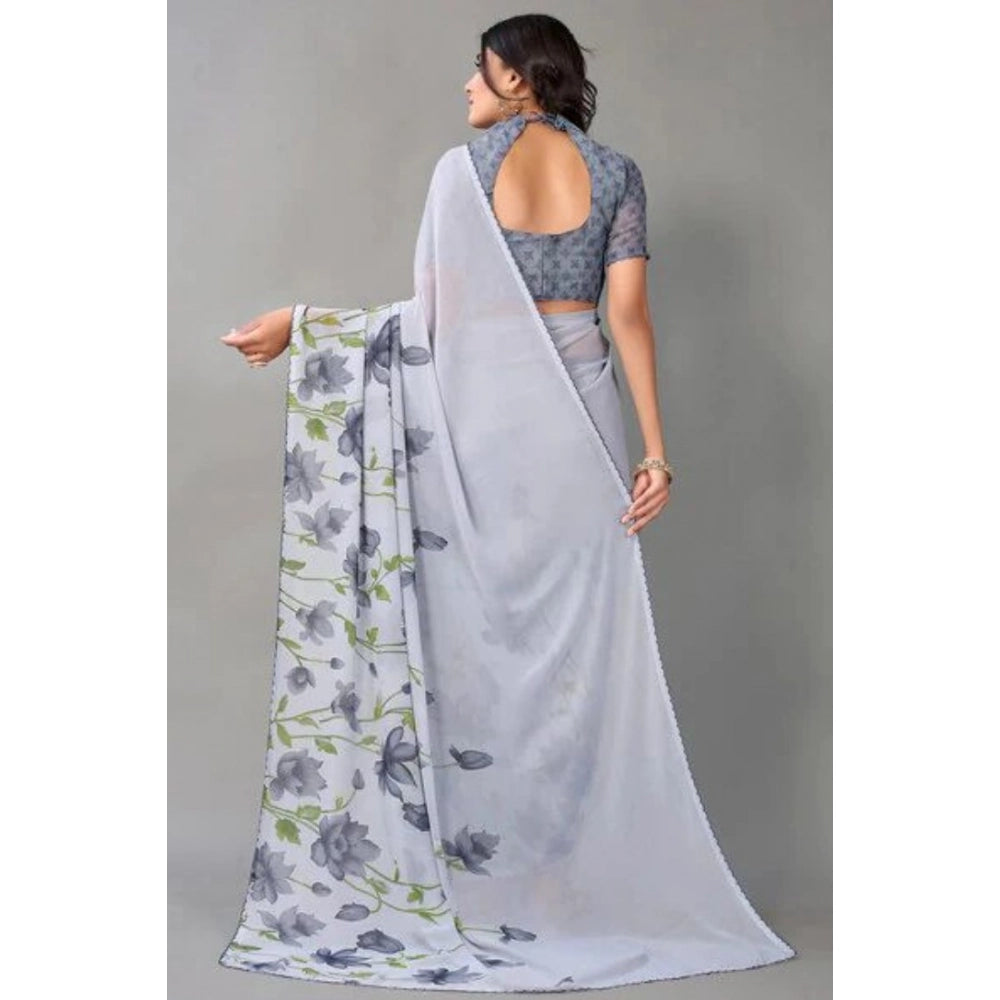 Amfyn Women's Georgette Printed Saree With Unstitched Blouse (Grey)