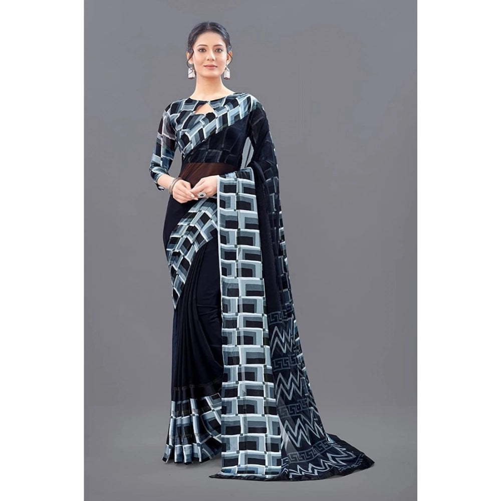 Amfyn Women's Satin Patta Printed Saree With Unstitched Blouse (Black)