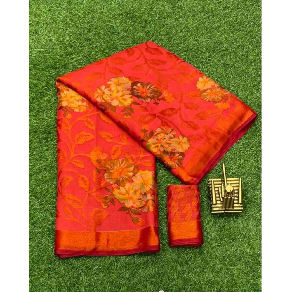 Amfyn Women's Viscose Rayon Printed Saree With Unstitched Blouse (Red)