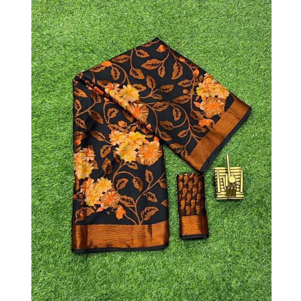 Amfyn Women's Viscose Rayon Printed Saree With Unstitched Blouse (Black)