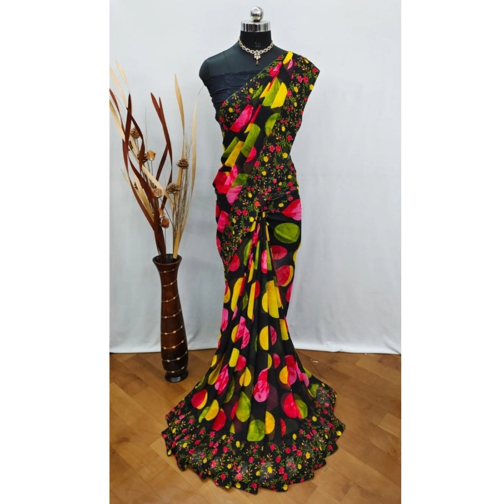 Amfyn Women's Georgette Printed Saree With Unstitched Blouse (Black)