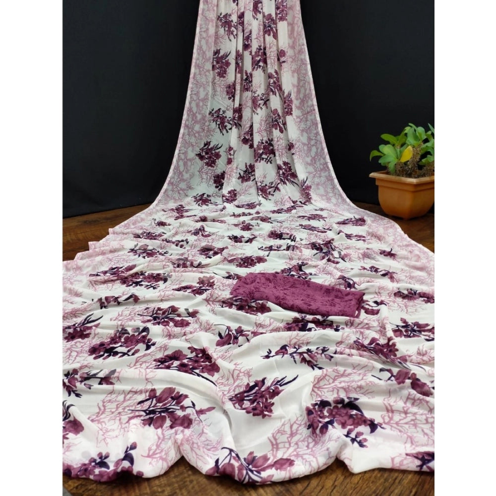 Amfyn Women's Georgette Printed Saree With Unstitched Blouse (Pink)