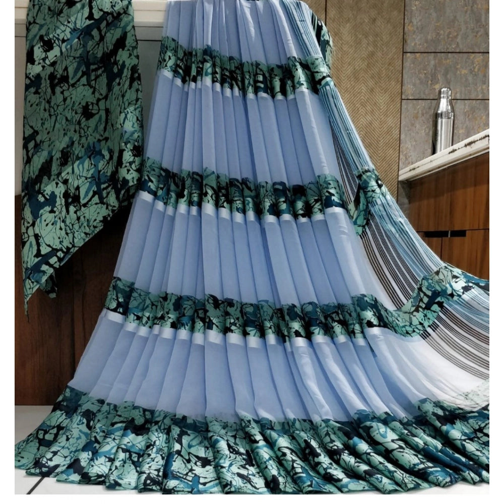Amfyn Women's Satin Patta Printed Saree With Unstitched Blouse (Blue)