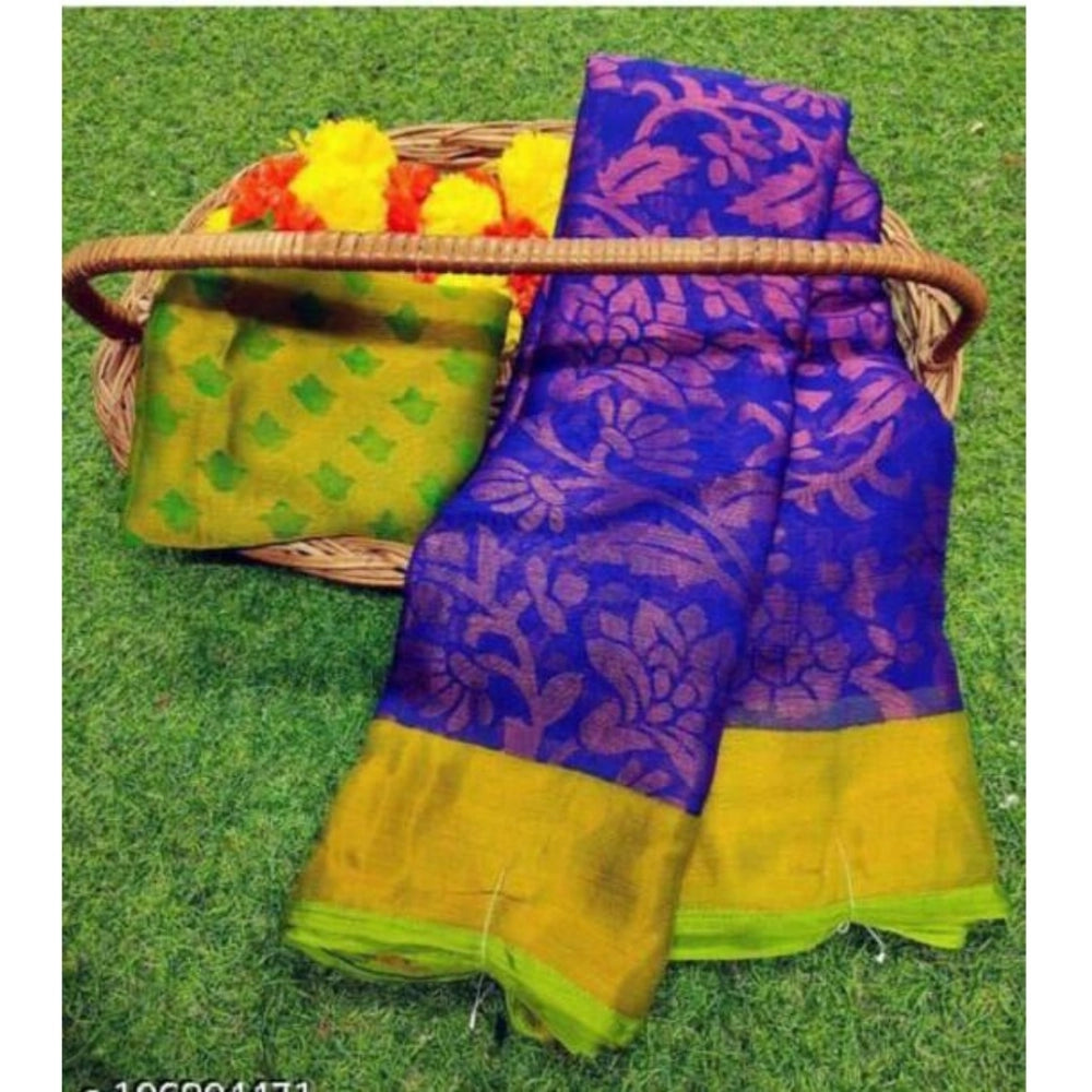 Amfyn Women's Viscose Rayon Printed Saree With Unstitched Blouse (Royal Blue)
